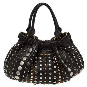 Miu Miu Black Leather Studded Hobo 