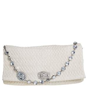 Pre Owned Miu Miu Off White Matelassé Nappa Leather Large Crystal Shoulder Bag