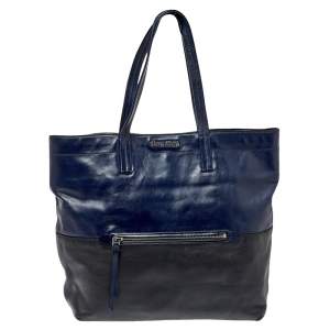 Pre Owned Miu Miu Blue/Black Vitello Soft Leather Shopper Tote