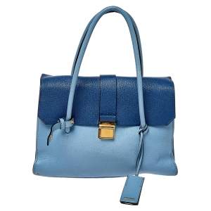 Pre Owned Miu Miu Blue Leather Madras Top Handle Bag