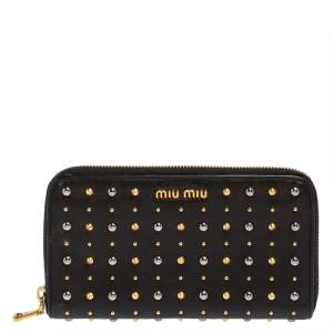 Miu Miu Black Leather Studded Zip Around Wallet