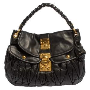 Miu Miu Black Matelassé Lux Leather Coffer Hobo
