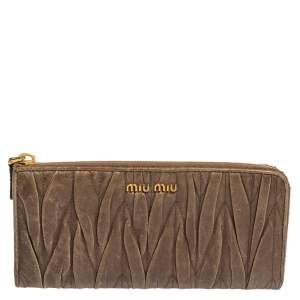 Miu Miu Dark Beige Matelassé Leather Zip Around Continental Wallet