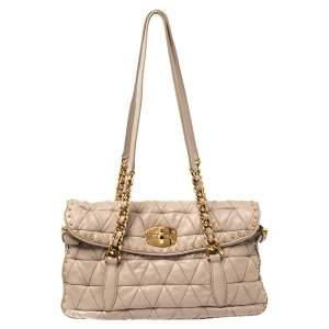 Miu Miu Beige Quilted Leather Studded Flap Shoulder Bag