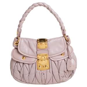 Pre Owned Miu Miu Pale Pink Matelassé Leather Small Coffer Hobo
