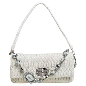 Miu Miu White Matelassé Leather Crystal Shoulder Bag