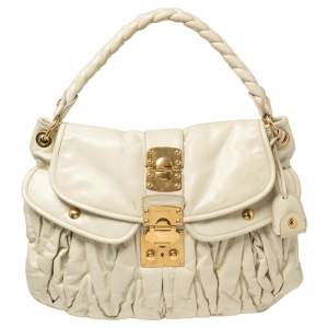 Miu Miu Off White Matelassé Leather Coffer Hobo