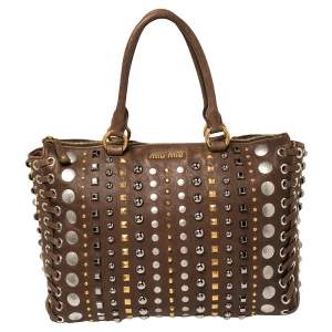 Miu Miu Brown Leather Studded Embellished Monk Tote