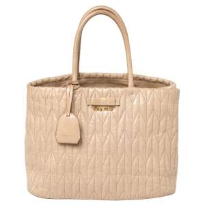 Miu Miu Beige Matelassé Leather Bow Tote