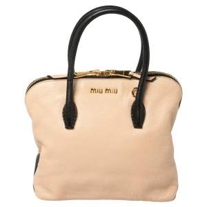 Miu Miu Beige/Black Madras Leather Zip Bauletto Satchel
