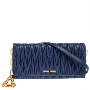 Miu Miu Blue Matelassé Leather Flap Wallet on Chain