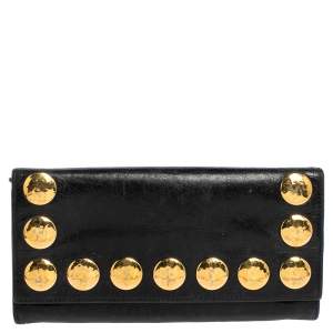 Pre Owned Miu Miu Black Crackled Leather Studded Continental Wallet