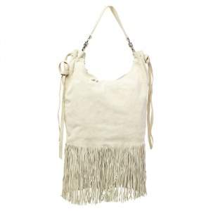 Miu Miu Light Beige Suede Fringe Hobo