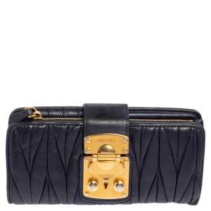 Miu Miu Navy Blue Matelassé Leather Clasp Lock Continental Wallet