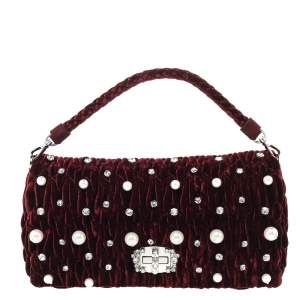 Miu Miu Burgundy Velvet Pearl Embellished Shoulder Bag