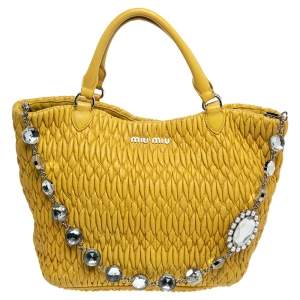 Pre Owned Miu Miu Yellow Matelassé Crystal Tote