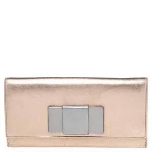 Miu Miu Metallic Gold/Grey Leather Bow Continental Wallet