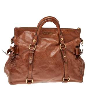 Miu Miu Brown Vitello Lux Leather Bow Top Zip Tote