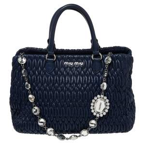 Miu Miu Blue Matelasse Nappa Leather Crystal Tote