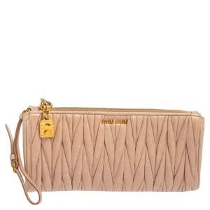 Miu Miu Beige Matelasse Lux Leather Zip Wristlet Clutch