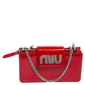 Miu Miu Red Patent Leather Crystal Embellished Wallet On Chain