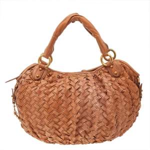 Miu Miu Brown Woven Leather Zip Hobo 