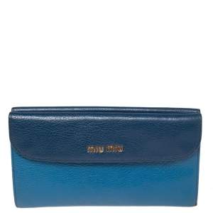 Pre Owned Miu Miu Two Tone Blue Leather Flap Wallet