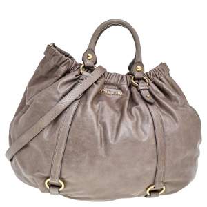 Miu Miu Grey Vitello Lux Leather Gathered Hobo