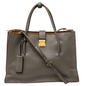 Miu Miu Grey/Brown Madras Leather Pushlock Tote