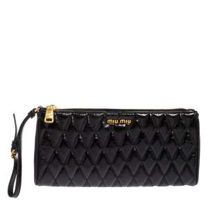 Pre Owned Miu Miu Black Matelassé Leather Zip Wristlet Clutch