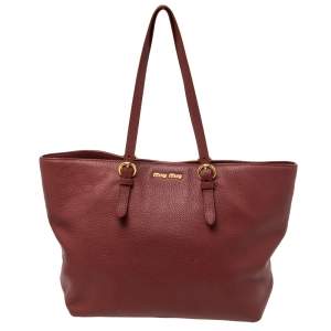 Miu Miu Red Grained Leather Shopper Tote