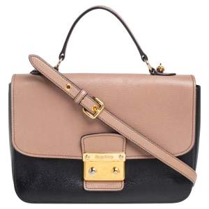 Pre Owned Miu Miu Black/Beige Madras Leather Push Lock Flap Top Handle Bag