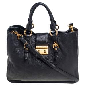 Miu Miu Black Leather Large Madras Tote 