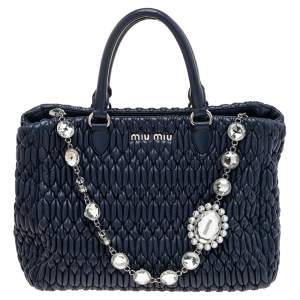 Miu Miu Navy Blue Matelassé Nappa Leather Crystal Tote