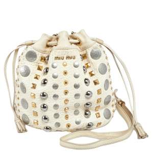 Miu Miu Off White Leather Studded Drawstring Bucket Bag