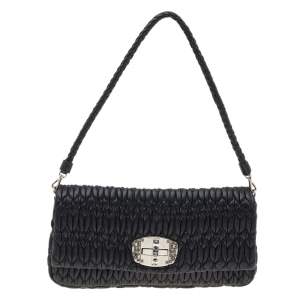 Miu Miu Black Matelassé Nappa Leather Crystal Shoulder Bag