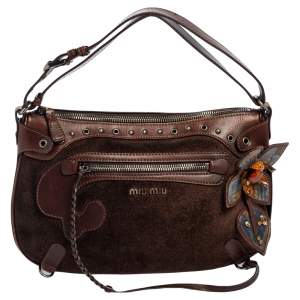 Miu Miu Brown Suede and Leather Floral Applique Western Hobo