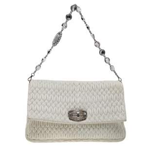 Miu Miu White Matelassé Leather Crystal Embellished Shoulder Bag