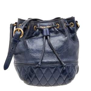 Miu Miu Blue Vitello Shine Leather Drawstring Bucket Bag