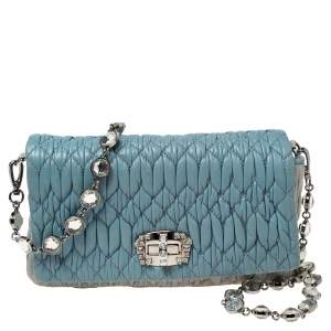 Miu Miu Blue Leather Matelassé Nappa Iconic Crystal Shoulder Bag