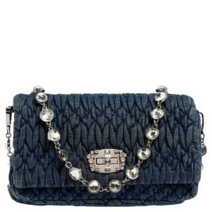 Miu Miu Blue Denim Crystal Embellished Shoulder Bag