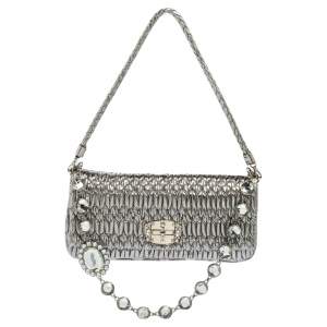 Miu Miu Silver Matelassé Leather Crystal Flap Shoulder Bag