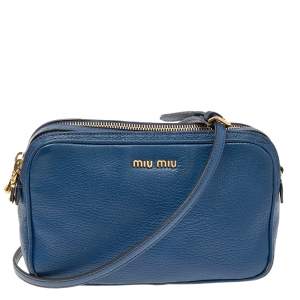 Miu Miu Blue Madras Leather Double Zip Camera Crossbody Bag