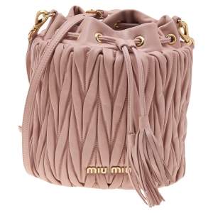 Pre Owned Miu Miu Pink Matelassé Leather Bucket Bag