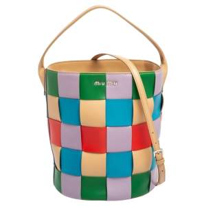 Pre Owned Miu Miu Multicolor Woven Leather Bucket Hobo