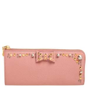 Pre Owned Miu Miu Pink Leather Studded Bow Crystal Embellished Zip Around Wallet