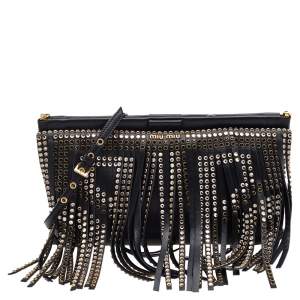 Miu Miu Black Leather Crystal Embellished Fringed Clutch
