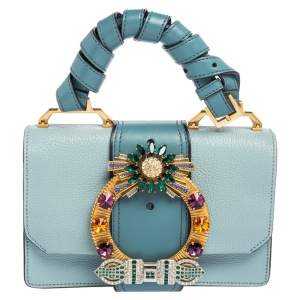 Miu Miu Two Tone Blue Leather Crystal Embellished Flap Top Handle Bag
