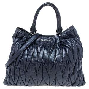 Miu Miu Navy Blue Glossy Matelassé Leather Large Tote