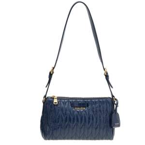Miu Miu Blue Matelassé Leather Top Zip Shoulder Bag
